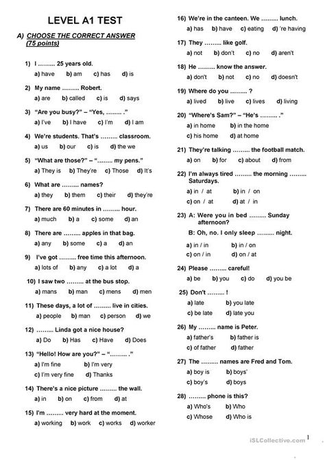 Placement Test (A1-A2) - English ESL Worksheets English Grammar Test, Materi Bahasa Inggris, English Grammar Exercises, Grammar For Kids, English Teaching Materials, English Exam, Grammar Exercises, English Exercises, Teaching English Grammar