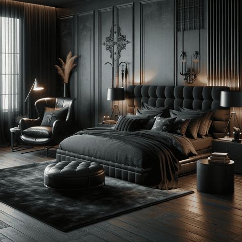 22 Western Gothic Decor Ideas For An Enchanting Home Makeover Black Rooms Bedroom, All Black Room Bedrooms, Modern Sleek Bedroom, Matte Black Room, Black Interior Design Bedroom, All Black Bedroom Ideas, Black Modern Bedroom, All Black Bedroom, Black Luxury Bedroom