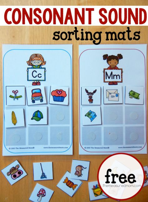 Free sorting mats for learning consonant sounds from The Measured Mom Prek Literacy, The Measured Mom, Measured Mom, Sorting Mats, Kindergarten Language Arts, Kindergarten Ela, Kindergarten Centers, Preschool Literacy, Phonics Kindergarten