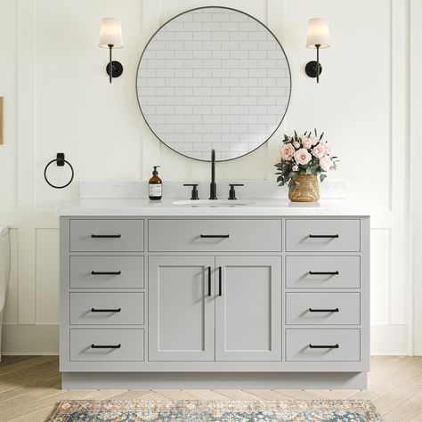 PRICES MAY VARY. Material- 60" single bathroom vanity is made of solid hardwood construction with plywood panels. It is the most durable and sturdy wood material on the market today for bathroom vanities. Another advantage of plywood is that it will resist expansion and contraction with moisture accumulation and temperature changes. No cracking, warping or paint peeling. There is No MDF or cheap particle board on the entire vanity. Grey painted finish. Countertop- Indulge in the timeless allure Grey Bathroom Vanity Single Sink, Bathroom With Gray Vanity, Grey Vanity Bathroom, Carrara Quartz Countertops, Grey And White Bathroom Decor, Painted Bathroom Vanity, Vanity Grey, Gray Bathroom Vanity, Grey Bathroom Cabinets