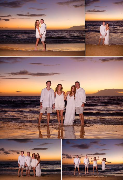 Beach Sunset Family Pictures Outfits, Best Family Beach Pictures, Beach Photo Outfit Ideas Family Blue, Family Vacation Pictures Beach Pics, Family Pictures In Hawaii Photo Ideas, Hawaii Family Picture Outfits, Family Pictures In Hawaii, Hawaii Photoshoot Family, Family Beach Pictures With Teenagers