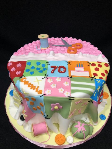 Cake 70th Birthday, 70th Birthday Cake For Women, Quilt Cake, Grandma Birthday Cakes, Artistic Cake, Hostess Cakes, 75 Birthday Cake, Sewing Cake, Quilted Cake