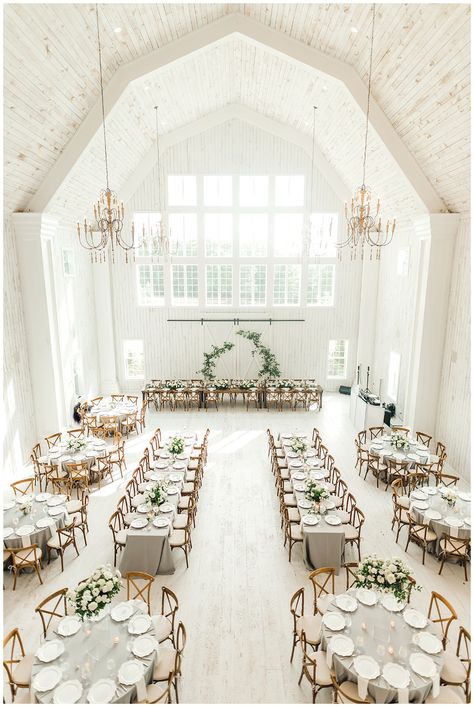 Reception Layout Floor Plans 150, Tuscan Inspired Wedding Venues, Wedding Venue Restrooms, Long Farmhouse Table Wedding, White Venue Wedding, White Chapel Wedding Decor, Barn Venue Ideas, Simple Indoor Wedding, Wedding Reception Ideas Simple