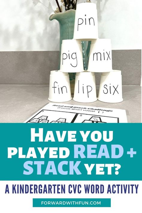 paper cups stacked in a 3, 2, 1 pyramid shape. each cup has cvc word with short vowel i sound Phonics First Grade Activities, Learning Cvc Words, Ela Games Kindergarten, Language And Literacy Activity Kindergarten, Play Based Kindergarten Centers, Cvc Decoding Activities, Hands On Cvc Word Activities, Cvc Phonics Activities, Cvc Activity Kindergarten