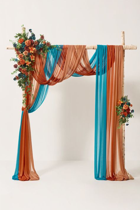 This arch decoration set contains floral arrangements and polyester drapes. Design for your wedding ceremony backdrop, wedding aisle archway decoration, sweetheart table flower decor, bride's and groom's chair back decor. #Setof5for6x9ftLargeArch PACKAGE DETAILS: Package: Set of 5, including large corner flower swag x1, tie-back flower x1, teal drape x1, burnt orange drape x1, coral peach drape x1, and green cable zip tie x6. Please note: arch stand, candles, candleholders, rose petals, lanterns, and lantern flowers are not included in the package. Size: 1 Large corner flower: 6ft L x 1ft W, the flower part 35" L x 17" W. 1 Tie-back flower: 3ft L x 1ft W, the flower part 19" L x 9" W. 3 Polyester drapes: each drape is 33ft L x 2.5ft W. Suitable size for arch: 5ft x 6ft arch and 6ft x 9ft a Flower Arch Decor, Table Flower Decor, Lantern Flowers, Sweetheart Table Flowers, Orange Drapes, Flower Swag, Arch Decor, Austin Rose, Flower Arch