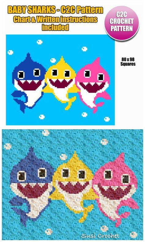 Baby sharks corner to corner crochet pattern C2C with chart & written instructions. Love these adorable little sharks! #crochet #pattern #c2c #blanket #baby #afghan #babyblankets #craftevangelist Crochet Tricks, Sewing Blankets, Corner To Corner Crochet Pattern, Crochet C2c Pattern, C2c Blanket, C2c Crochet Pattern Free, Shark Blankets, C2c Crochet Blanket, Best Baby Blankets