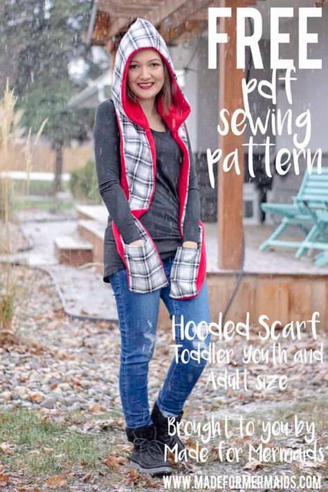 Hooded Scarf Fleece Sewing Projects, Sewing Scarves, Scarf Sewing Pattern, Hooded Scarf Pattern, Fleece Projects, Made For Mermaids, Hoodie Scarf, Hood Pattern, Free Pdf Sewing Patterns