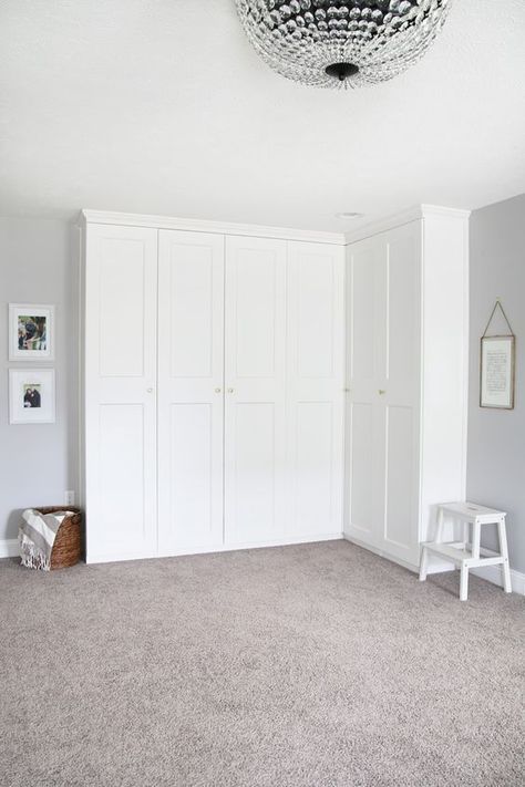 This super helpful post talks about IKEA's 3 best storage systems-- ALGOT, BESTA, and PAX-- and gives great ideas for using them in your home! | IKEA BESTA storage system, modular storage system, IKEA ALGOT closet system, custom closet system, IKEA PAX wardrobe system, DIY wardrobe, IKEA hack, how to plan for and install IKEA storage systems, built in storage unit for home office made with IKEA PAX wardrobe system and custom trim work, GRIMO doors Ikea Floor To Ceiling Storage, Pax In Living Room, Pax Office, Modern Closet Storage, Pax Corner Wardrobe, Ikea Bedroom Storage, Ikea Algot, Armoire Ikea, Organized Office