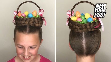 Turn your head into an Easter basket with this cute hairstyle Basket Hairstyle, Crazy Hair For Kids, Wacky Hair Days, Going Out Hairstyles, Wacky Hair, Crazy Hair Day At School, Easter Hair Bow, Hairstyles For Kids, Easter Hair