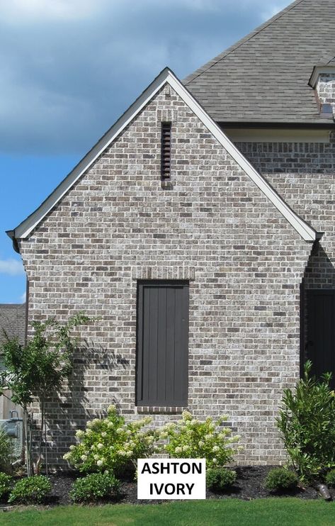 Brown Brick Farmhouse Exterior, White And Grey Brick House Exterior, Grey Brick Homes Exterior, Exterior House Brick Colors, Stone Brick Exterior House, Grey Stone Exterior House, Full Brick House Exterior, New Brick House Exterior, Light Colored Brick Homes