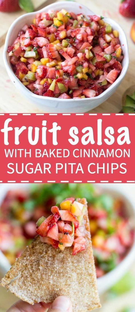 Sweet and healthy at the same time, this fruit salsa is made with fresh fruit and scooped up with a crunchy homemade pita chip. Grab yourself some strawberries, mango, kiwi and and a big bowl and get ready to make this easy dessert! Cinnamon Sugar Pita Chips, Baked Pita Chips, Sommer Mad, Healthy Summer Desserts, Healthy Fruit, Fruit Salsa, Easy Summer Desserts, Pita Chips, حلويات صحية