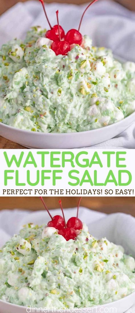 Watergate Salad (Pistachio Delight) is a sweet and crunchy no-bake dessert made with just 5 ingredients like marshmallows and pistachio pudding, topped with chopped nuts and maraschino cherries! #holidays #thanksgiving #thanksgivingrecipes #easter #easterrecipes #coolwhip #pudding #dessert #pistachio #dinnerthendessert Pistachio Dessert Salad, Pistachio Trifle Desserts, Coolwhip Pudding Recipes, Pistachio Lush Dessert, Pistachio Pudding Dessert, Pistachio Delight, Watergate Salad Recipes, Pistachio Dessert Pudding, Classic Holiday Desserts