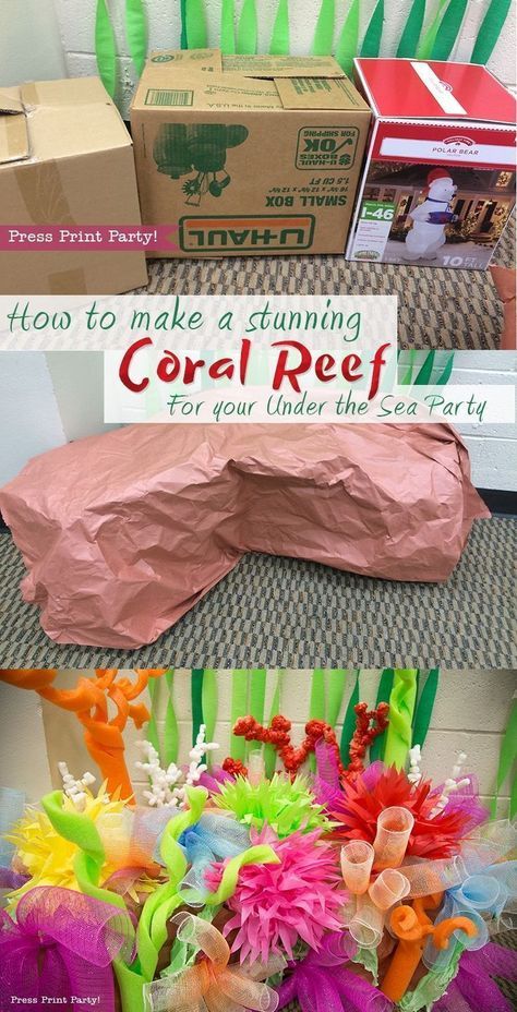 How to Make a Stunning Coral Reef for you Under the Sea Party, Mermaid Party, or VBS. By Press Print Party #OceanCommotion #Underthesea #mermaid Decorations Porta Halloween, Under The Sea Decorations, Ocean Birthday, Fiesta Tropical, Mermaid Party Decorations, Ocean Party, Mermaid Under The Sea, Sea Birthday Party, Sea Decor