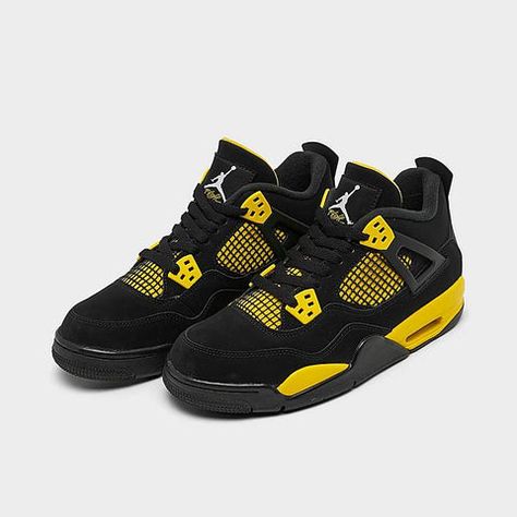 Supremely soft suede covers the iconic silhouette of the Big Kids' Air Jordan Retro 4... Jordan 4 Retro Thunder, Black Cat 4s, Basketball Shoes For Men, Jordan Sneaker, Jordan Model, Jordan 4 Retro, Air Jordan Retro, Sports Trainers, Air Jordan 4