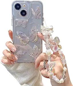 Compatible for iPhone 13/iPhone 14 Case Cute Butterfly Pattern Clear Design Aesthetic Women Teen Girls Glitter Pretty Crystal Sparkle Sparkly Phone Cases Protective Cover+Butterfly Chain Sparkly Phone Cases, Rose Gold Phone Case, Daily Bumps, Butterfly Chain, Pretty Iphone Cases, Pretty Phone Cases, Marble Case, Case Cute, Cute Butterfly