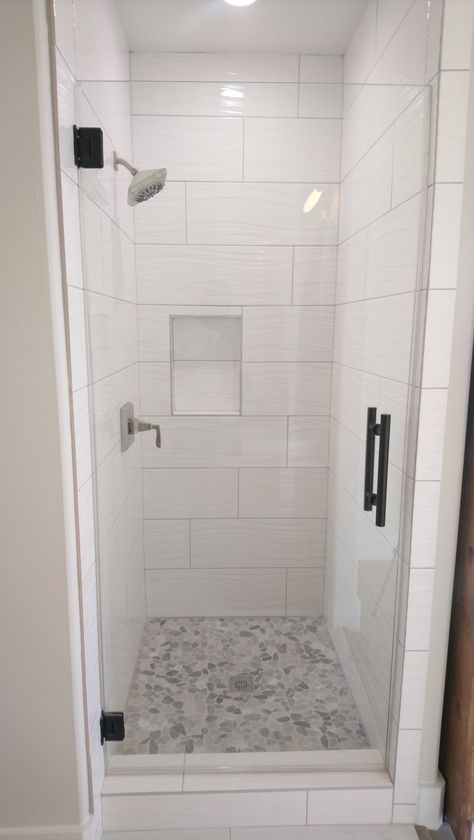 Small Restroom Shower Ideas, Small Shower Large Tile, Small Standup Shower Remodel, Bathroom Shower Upgrade, Small Stand In Shower Ideas, Standing Tile Shower Ideas, Bathroom With Small Shower Stall, Small Bathroom Shower Tile Ideas Walk In, White Shower Stall Tile Ideas