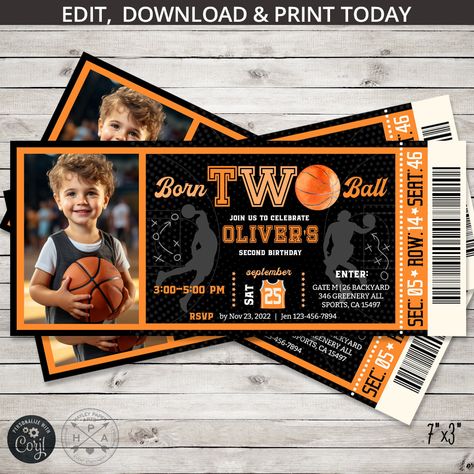 Born Two Ball, Basketball Theme Birthday, Basketball Invitations, Birthday Ticket, Ticket Invitation Birthday, Basketball Tickets, Ball Birthday Parties, Event Graphics, Basketball Theme