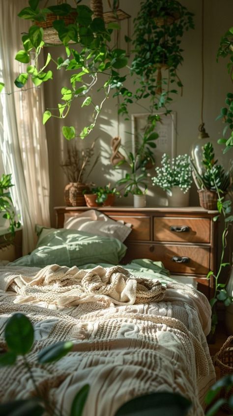 Apartment Nature Aesthetic, Sage Green And Brown Room Aesthetic, Brown And Green Apartment, Boho Planty Bedroom, Boho Room Green Walls, Room Inspo Green Aesthetic, Cottage Core Green Bedroom, Green Midcentury Bedroom, Green Cottage Core Bedroom