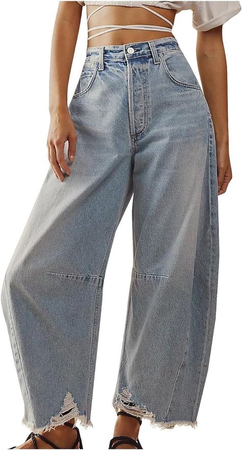 Barrel Jeans Women,2024 Spring Fashion Baggy Jean Wide Leg Mid Waist Denim Pants Casual Loose Plus Size Boyfriend Cropped Barrel Jeans Trendy Going Out Y2K Trouser with Pockets（A-Royal Blue，Small） at Amazon Women's Jeans store High Waisted Baggy Jeans, Baggy Jeans For Women, Barrel Jeans, Jeans With Pockets, Womens Boyfriend Jeans, Womens White Jeans, Women's Plus Size Jeans, Denim Pants Fashion, Cropped Denim Pants