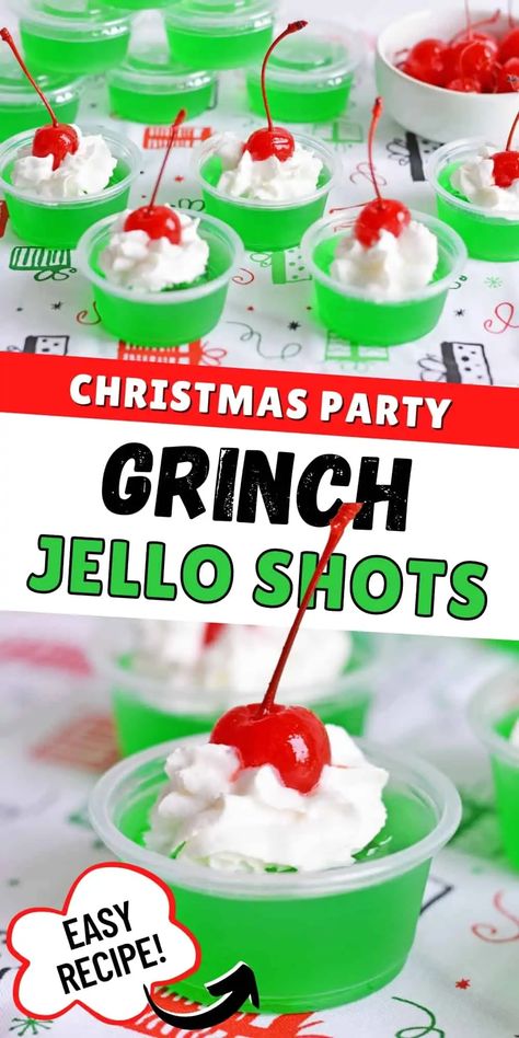 Grinch Jello Shots are a tasty and festive adults-only Christmas shot recipe made with Lime jello and silver tequila. Natal, Margaritas, Grinch Jello Shots Recipe, Christmas Shots Jello, Holiday Jello Shots Christmas, Christmas Jello Shots Alcoholic, Jello Shot Recipes Christmas, Christmas Jell-o Shots, Christmas Jello Recipes