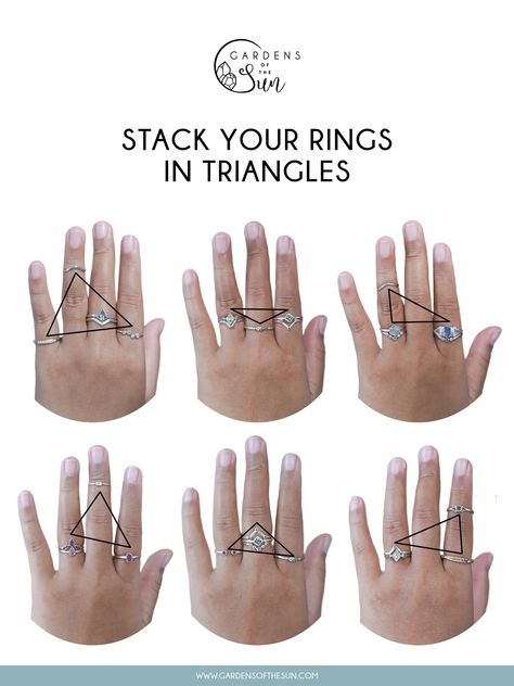 Like a good story, ring stacks are a form of art. Think of rings as different characters to write a story with. Wear and stack your rings in different ways to create entirely new looks. With so much versatility in the ring stacking game, we summarized the best tips and must-haves to build a ring stack. This quick guide will get you started. Non Metal Rings, Rings Multiple Fingers, Styling Gold Rings, Jewelry Matching Guide, Rings How To Wear, Ring Combinations Everyday, Styling Rings Gold, Jewellery Wearing Tips, Hand With Rings Reference