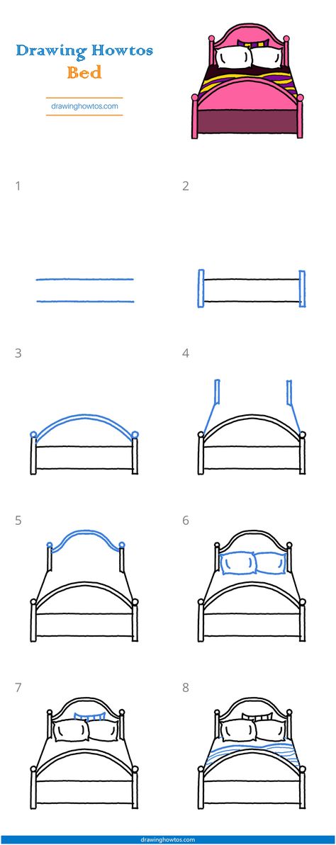 How to Draw a Bed - Step by Step Easy Drawing Guides - Drawing Howtos Bedroom Cartoon Drawing, How To Draw A Bed Step By Step, Bed Design Drawing, How To Draw A Blanket, How To Draw A Bedroom, Bed Art Drawing, How To Draw A Pillow, Bed Cartoon Drawing, How To Draw A Bed