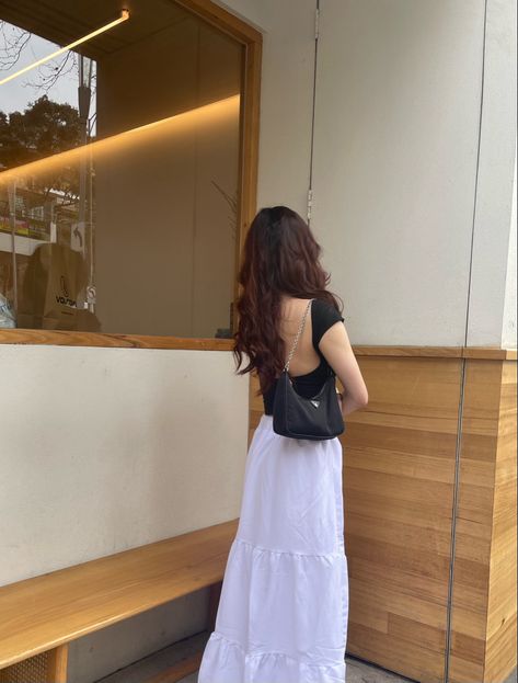 cafe date aesthetic long skirt outfit fashion matcha prada bag pretty long hair cute backless top ootd inspo pose inspired Cute Summer Outfits Korean Style, Cute Summer Fits Skirts, Outfits In Korea Summer, Summer In Asia Outfit, Cute Summer Outfits Asian, Rich Tita Outfit Casual, Korea Summer Outfit Korean Style, Asian Dresses Fashion, Outfit For Skirt