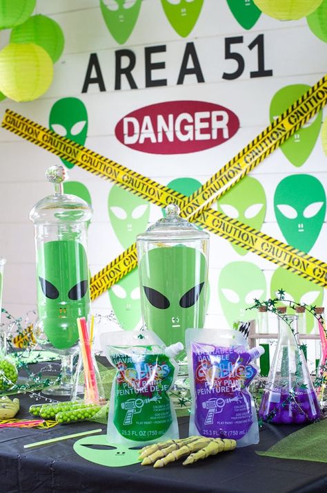 Halloween Alien Party with Goblies Aliens Theme Party, Aliens And Astronauts Party, Alien Theme Birthday Party, Area 51 Party Ideas, Xfiles Theme Party, Alien First Birthday Party, Alien Invasion Party, Area 51 Birthday Party Ideas, Alien Party Games