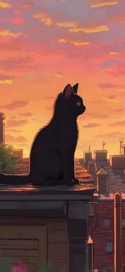 Black Cat Poster Aesthetic, Cute Black Cat Aesthetic Wallpaper, Lofi Cat Aesthetic, Cat Paintings Aesthetic, This Wallpaper Is Not Available Black, Iphone Wallpaper Aesthetic Cat, Cat Home Screen Ideas, Black Cat Anime Wallpaper, Tuxedo Cat Aesthetic Wallpaper