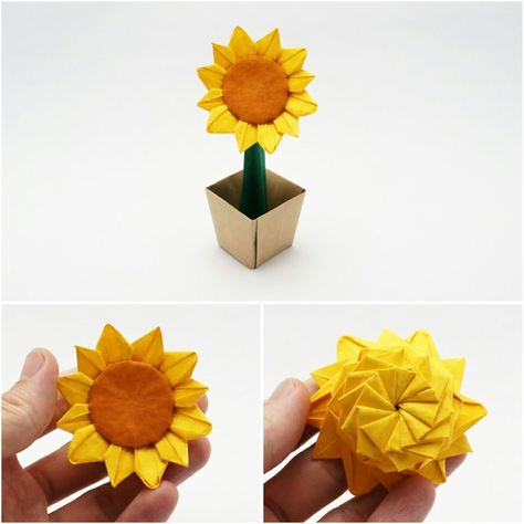 Origami Sunflower - Jo Nakashima Origami Sunflower, Diy Easy Paper Crafts, Paper Crafts Tutorial, Sunflower Paper Craft, Flower Folding, Iris Folding Templates, Snowflake Wall, Origami Toys, Easy Paper Craft
