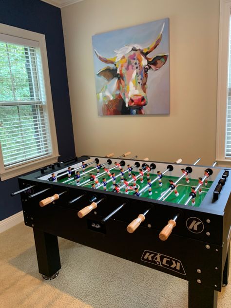 Bonus room turned into game room for teens ans adults. Kick foosball table. Foosball Table Room, Game Room Couch, Teen Game Room, Unique Man Cave Ideas, Teen Playroom, Big Kids Playroom, Teen Game Rooms, Cool Basement Ideas, Loft Area