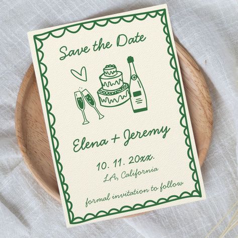 Hand Illustrated Vintage Colorful Green Wedding Save The Date Tuscany, Wedding Invites Unique, Wedding Invitations Hand Drawn, Green Wedding Save The Date, Save The Date Illustrations, Handwritten Wedding, Illustrated Wedding Invitations, Unique Save The Dates, Hand Drawn Wedding