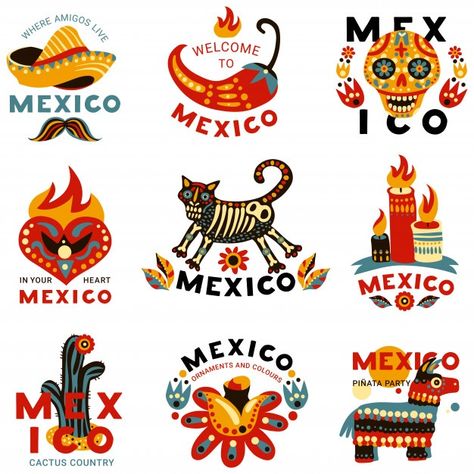 Mexico Icon, Mexican Illustration, Mexican Graphic Design, Mexico Skull, Mexican Restaurant Decor, Colorful Icons, Holiday Symbols, Mexico Design, Mexico Style