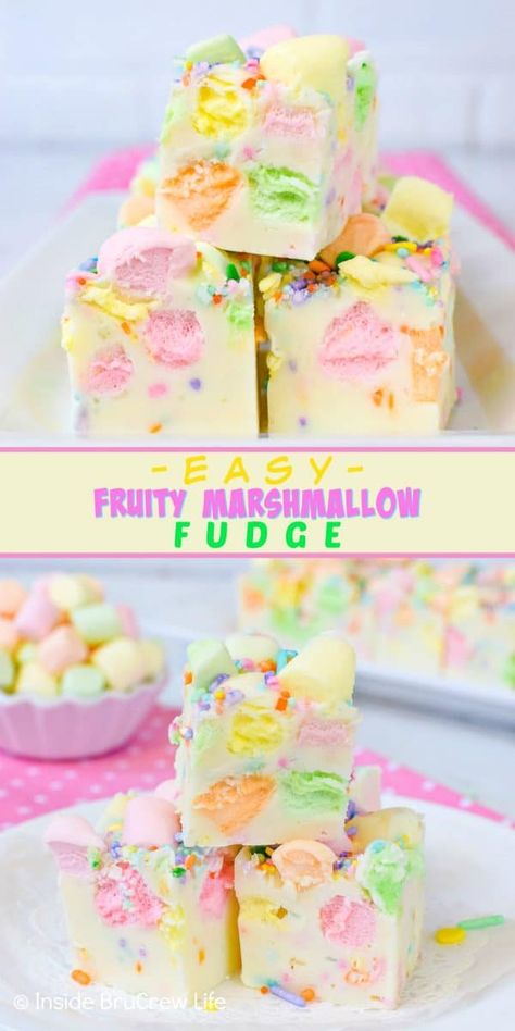 Easy Fruity Marshmallow Fudge - sprinkles and colorful marshmallows add a fun pop of color to this two ingredient fudge.  Try this easy fudge recipe for spring parties!  #easter #twoingredientfudge #fudge #whitechocolate #fruitymarshmallows #easterfudge Colored Marshmallow Recipes, Easter Fudge Easy, Fun Fudge Recipes, Dollar Store Recipes, Easter Fudge Recipes, Cheap And Easy Bake Sale Treats, Unique Fudge Recipes, Easy Fudge Recipe 3 Ingredients, Birthday Fudge