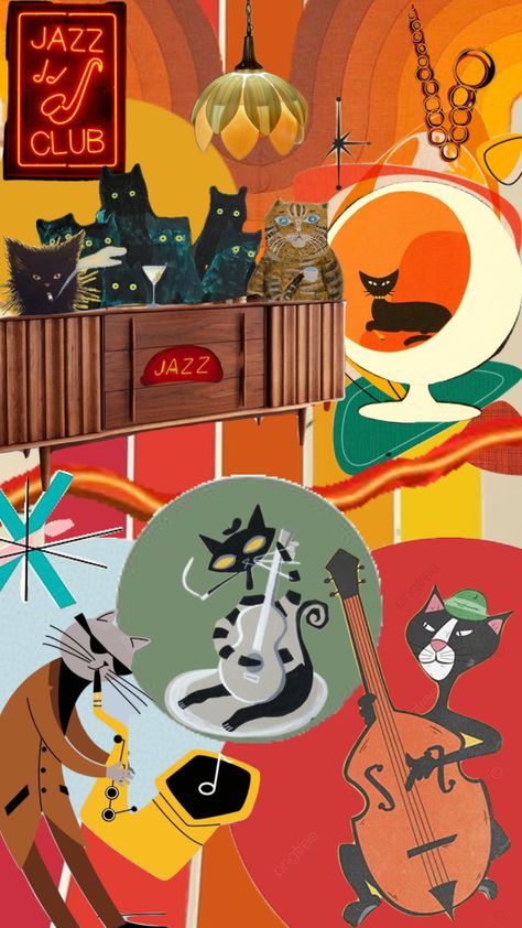 Cat Art, Jazz Cat, Happy Birthday Cat, Jazz Art, Retro Cats, Cat Birthday, Music Wallpaper, Retro Poster, Aesthetic Art