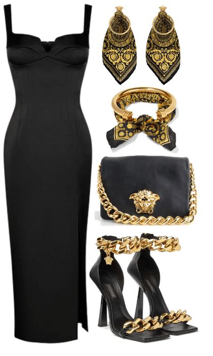 Versace Outfit | ShopLook Versace Inspired Outfit, Versace Outfit Women, Cute Outfits Ideas, Black And Gold Outfit, Versace Style, Versace Dress, Moda Chic, Versace Outfit, Mein Style