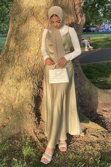 Slip Dress Outfit Hijab, Hijabi Bday Outfit, Slip Dress Hijab Outfit, Hijabi Slip Dress Outfit, Muslim Wedding Guest Outfit Ideas, Sage Green Modest Dress, Green Eid Outfit, Modest Slip Dress, Green Dress Hijab