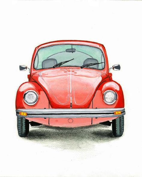 Painted Beetle Car, Car Drawing Pencil Sketches, Volkswagen Beetle Drawing, Volkswagen Drawing, Vw Bus Drawing, Car Watercolor Painting, Car Drawing Pencil, Bus Drawing, Beetle Drawing