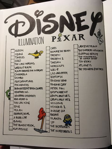 Bullet Journal Disney, Disney Movies List, Organizator Grafic, Bullet Journal Ideas Templates, Posca Marker, Disney Movies To Watch, Bulletin Journal Ideas, Movie To Watch List, Trip Essentials