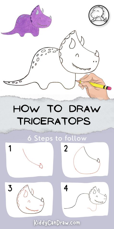 Welcome to our kiddy can draw fun step by step drawing tutorial. Today, we are going to draw a type of dinosaur called a triceratops. Triceratops are recognized with its 3 horns, the parrot-like beak and a large frill that could reach nearly one metre across. The triceratops skull is one of the largest and most striking of any land animal. Now, let's grab our pencils or markers and start drawing our cute triceratops. How To Draw A Triceratops, Easy Dinosaur Drawing, Draw A Dinosaur, Dinosaur Diorama, Cute Triceratops, Triceratops Skull, Super Easy Drawings, Dinosaur Types, Dinosaur Triceratops