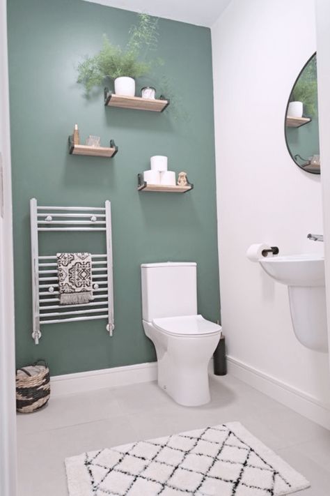 19 Small Bathroom Ideas On A Budget That You’ll Love – Of The Wall Green Small Bathrooms, Dark Green Bathroom, Green Bathroom Paint, Half Bathroom Design Ideas, Green Bathroom Colors, Half Bathroom Design, Small Downstairs Toilet, Dark Green Bathrooms, Small Bathroom Paint