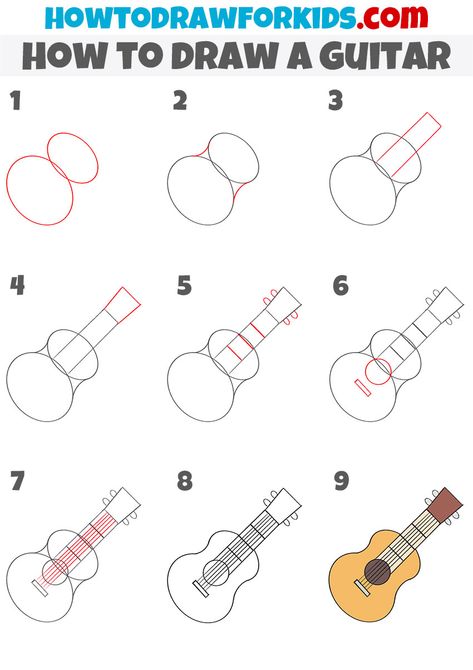 How to Draw a Guitar Step by Step - Easy Drawing Tutorial For Kids Draw Guitar Easy, Guitar Drawing Easy Step By Step, How To Draw Guitar Step By Step, How To Draw Musical Instruments, How To Draw A Guitar Easy, Guitar Drawing Tutorial, Drawing A Guitar, How To Draw A Guitar Step By Step, Easy Drawings Music