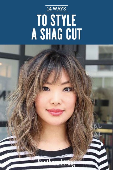 The best way to get started styling a shag haircut is to use a great mousse while the hair is wet to encourage texture, but apply a smoothing oil or serum once almost dry for a slightly sleeker look. #shaghairstyles #howtostyleshagbangs #shaghaircuts #modernshag #southernliving Styling Long Shag Haircut, Medium Shag Hairstyles For Thick Hair, Mcjagger Hair, Med Length Shag Haircuts, How To Style A Long Shag Haircut, Shag Haircut Styling, Wash And Go Shag Hairstyles, How To Curl Shag Haircut, Wavy Hair Haircuts Medium Lengths