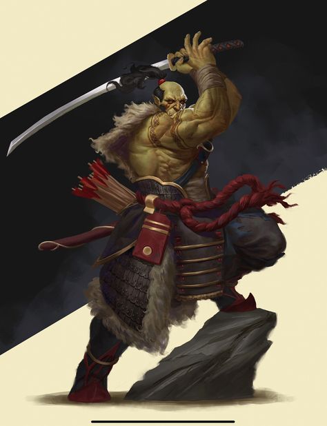 Orc Samurai, Dnd Orc, Oni Art, Fantasy Samurai, Orc Warrior, Draw Characters, Pathfinder Character, Samurai Art, Fantasy Races