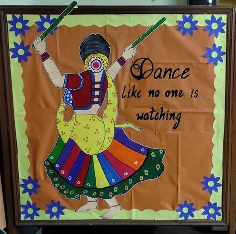 Navratri board decoration Navratri School Decoration, Navratri Decoration At School, Board Decoration For Navratri, Dandiya Decoration Ideas For School, Navratri Board Decoration Ideas, Navratri Chart For School, Navratri Soft Board Decoration, Navratri Bulletin Board Ideas, Navratri Board Decoration