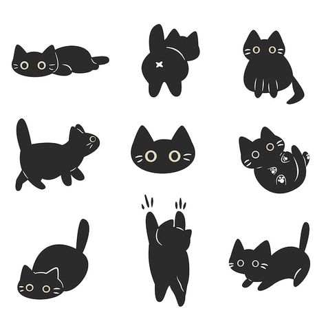 Cat And Dog Cute Drawing, Cat Head Illustration, Cats Poses Drawing, Cat Retro Illustration, Summer Cat Illustration, Black Cat Illustration Cute, Cats Illustration Drawing, Cat Illustration Simple, Cat Set Up