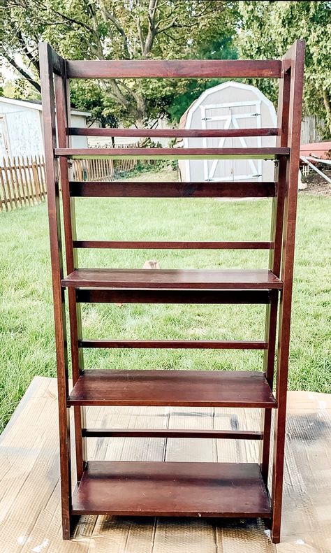 Update your outdated book case using spray paint and dark wax. Shelf Painting Ideas Diy Wood Shelves, Spray Paint Bookshelf, Painted Bookcase, Cheap Shelf, Painting Shelves, Shelf Makeover, Cheap Shelves, Bookshelf Makeover, Painting Bookcase