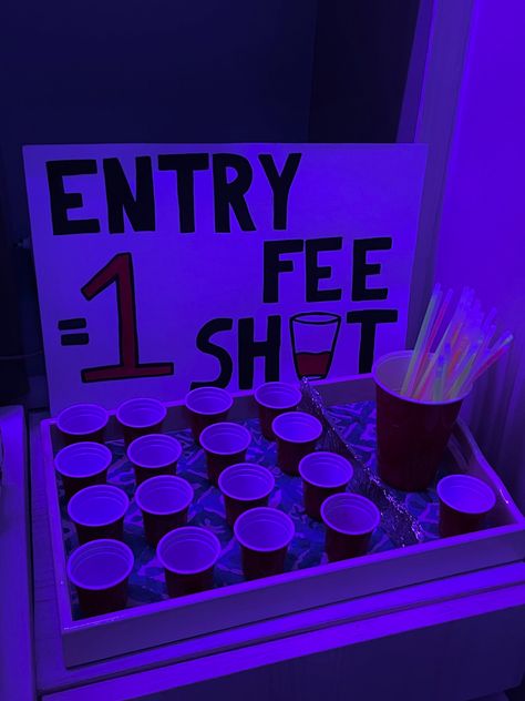 Entry Shot Table, Techno Birthday Party, Night Club Birthday Theme, Hotel Birthday Party Ideas For Adults, At Home Club Party, Collage Party Ideas, Shot Party Theme, 30th House Party Ideas, Funny Party Decorations