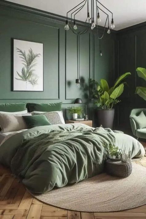 30 Green Bedroom Decor Ideas » Lady Decluttered Black White Dark Green Bedroom, Green Black Tan Bedroom, Master Bedrooms Dark Green, Dark Color Bedroom Ideas Paint Colours, Bedroom Ideas For Men Green, Green Black Grey Bedroom, Dark Green And Neutral Bedroom, Green Black Wood Bedroom, Green White And Brown Bedroom