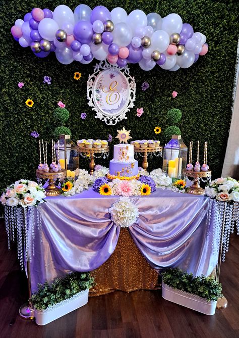 Tangled Theme Backdrop, Tangled Candy Table, Tangled Theme Quinceanera Decorations, Sweet Sixteen Tangled Theme, Tangled Themed Sweet 16 Cake, Repunzel Quince Theme Cake, Tangled Theme Graduation Party, Tangled Theme Quinceanera Centerpieces, Rapunzel Theme Sweet 16